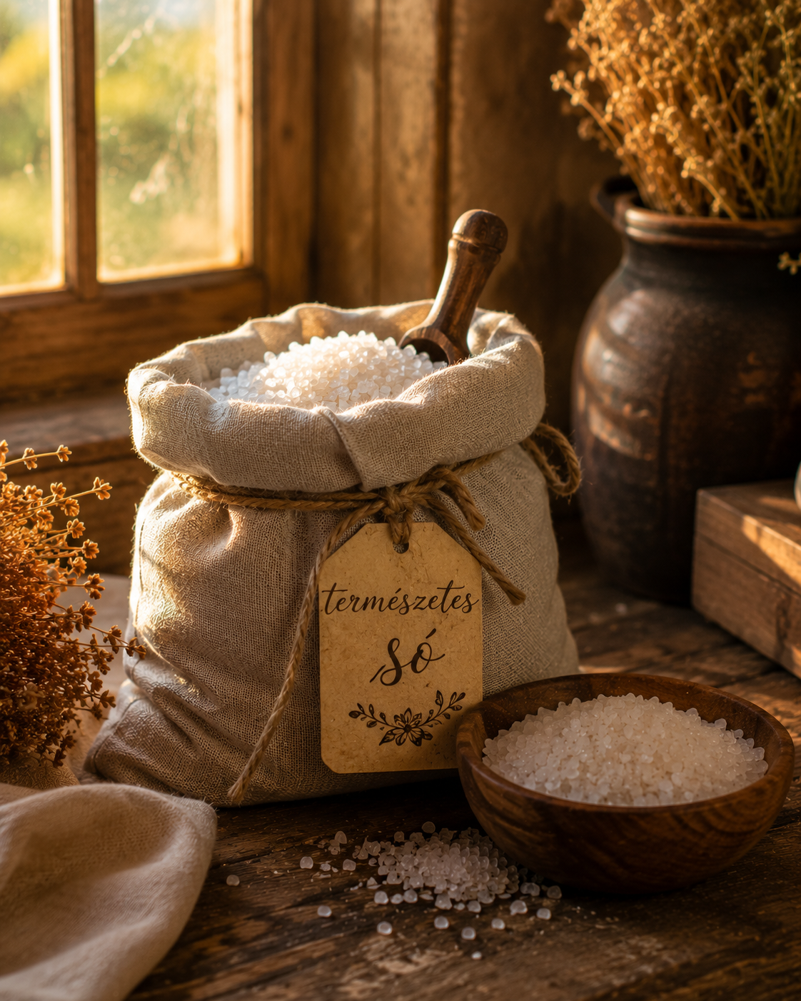 Sare naturală în sac de pânză, lângă fereastră